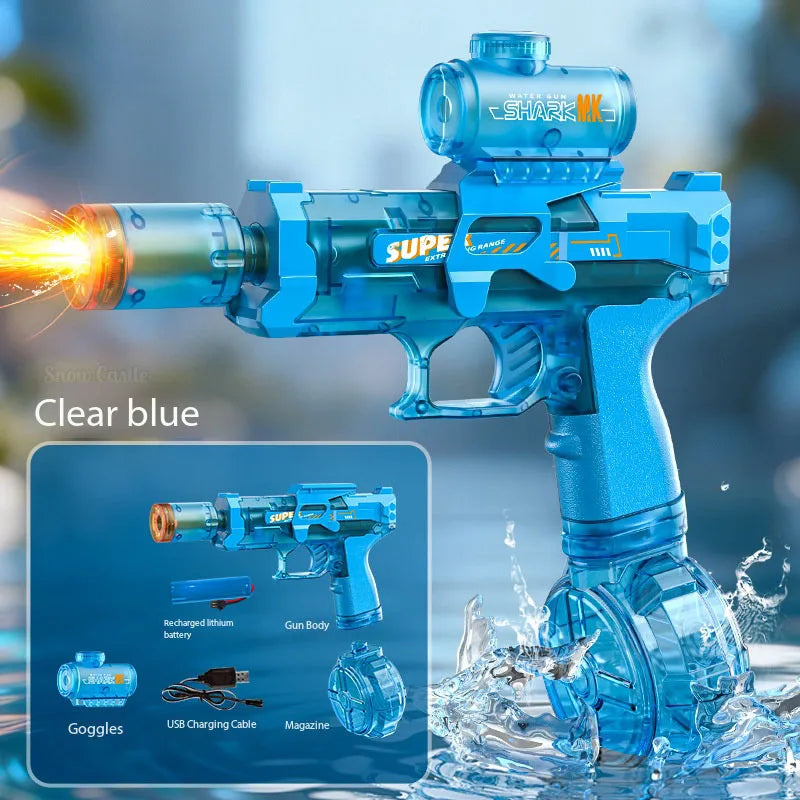 New High-Speed Electric Water Gun with Light and Flame Effect Powerful Outdoor Beach and Swimming Pool Shooting Game Toy